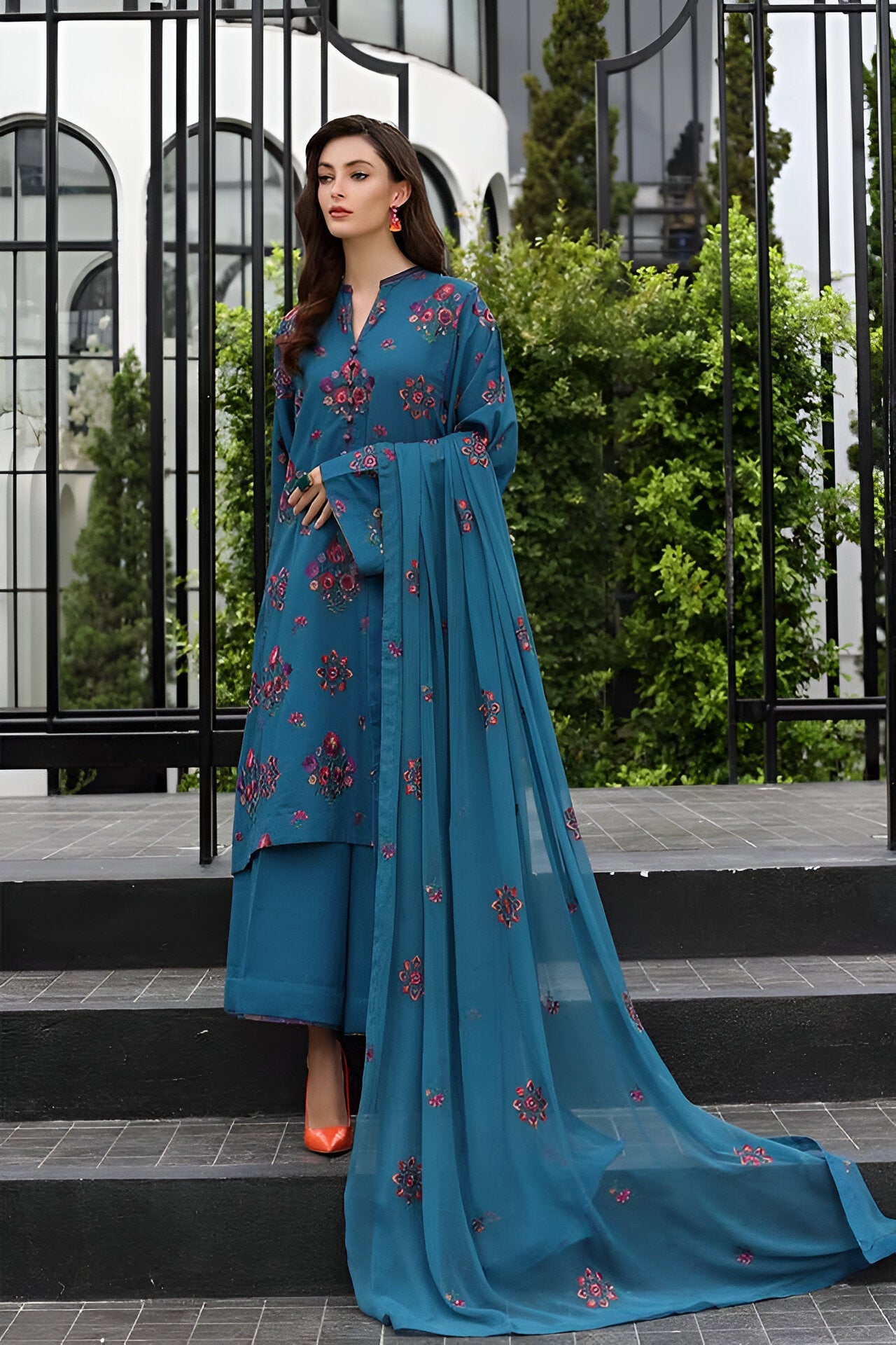 3PC EMBROIDERED DHANAK DRESS RO - 415