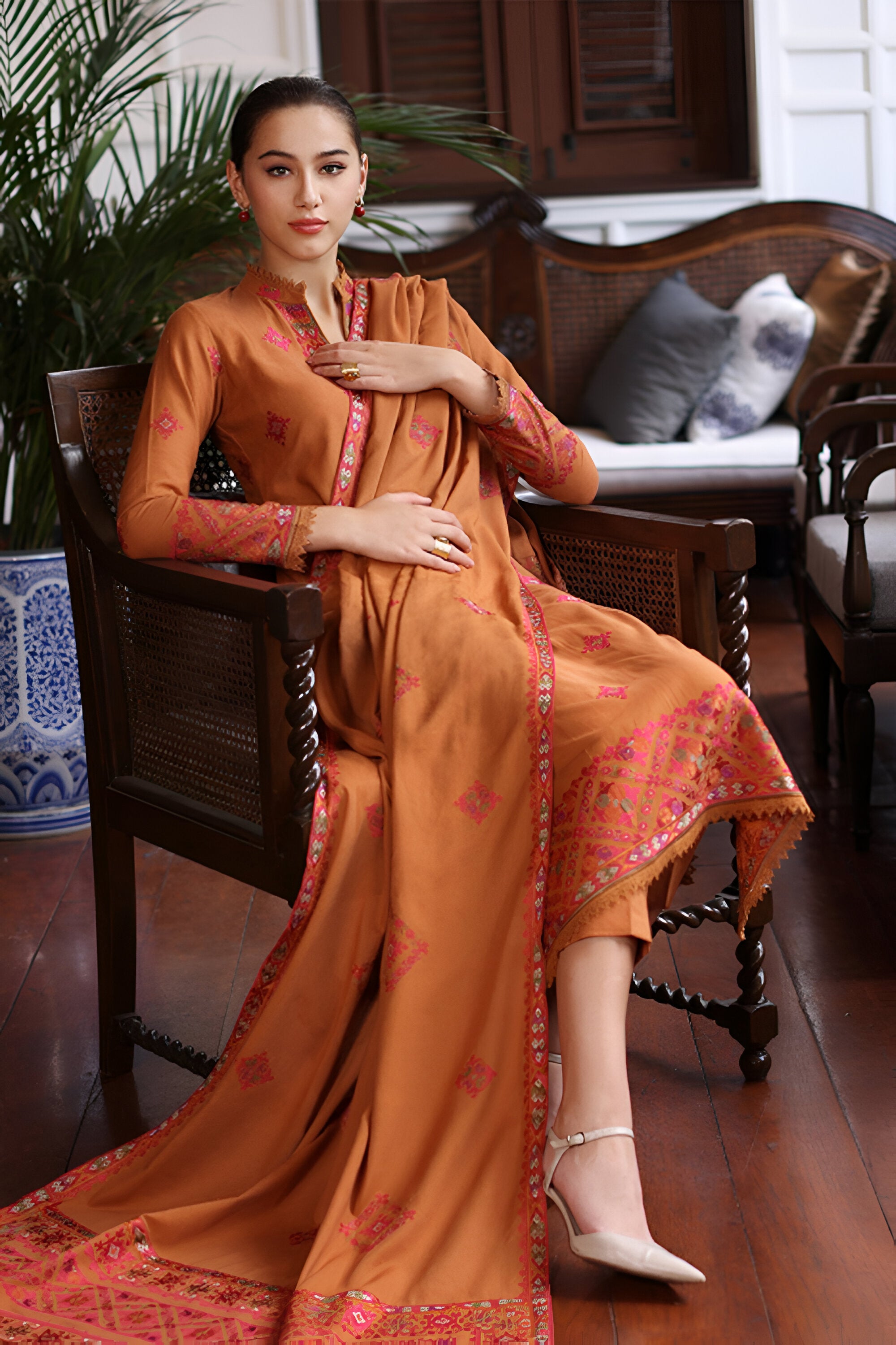 3PC EMBROIDERED DHANAK DRESS RO - 304