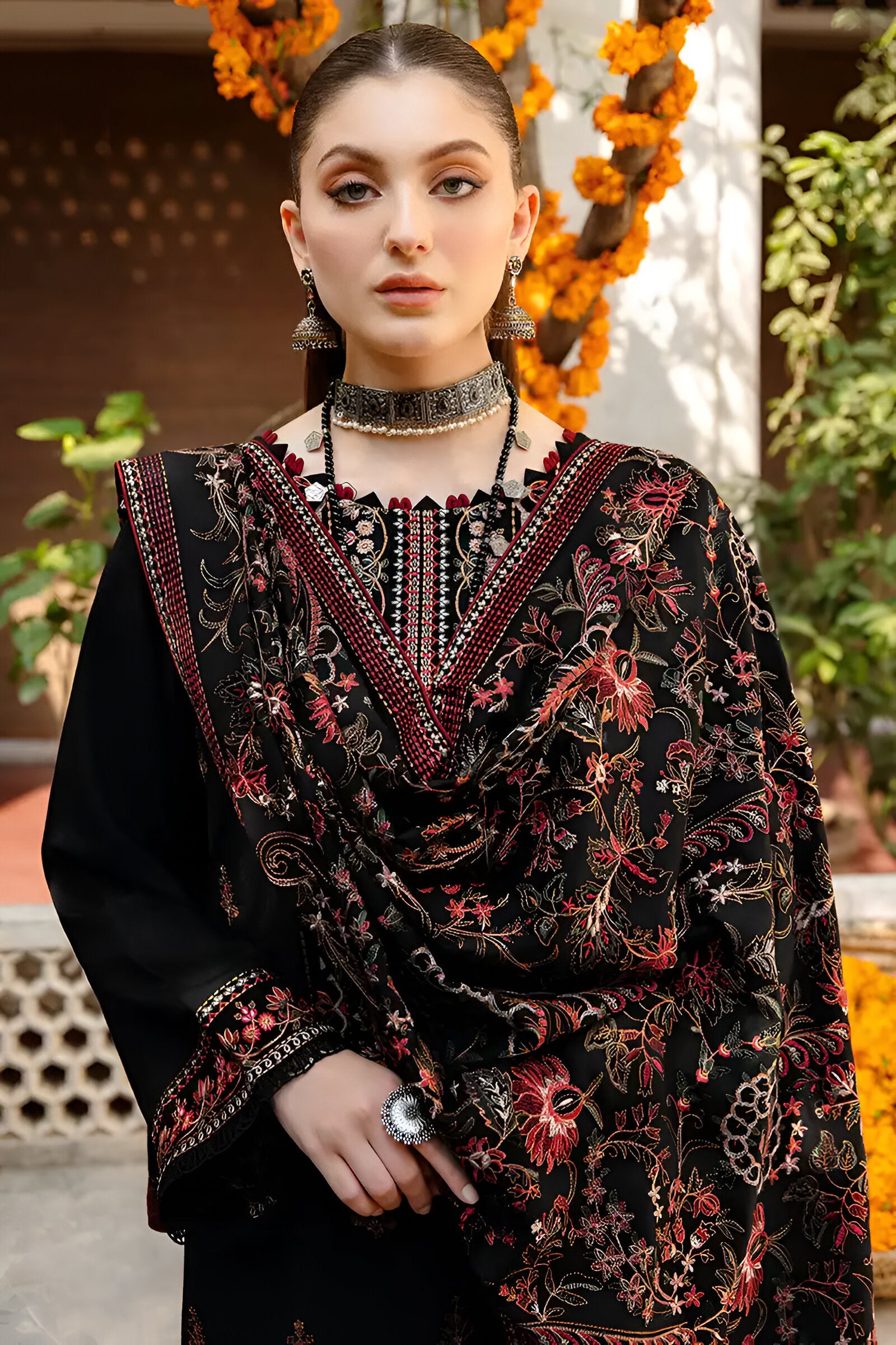 3PC EMBROIDERED DHANAK DRESS RO - 370