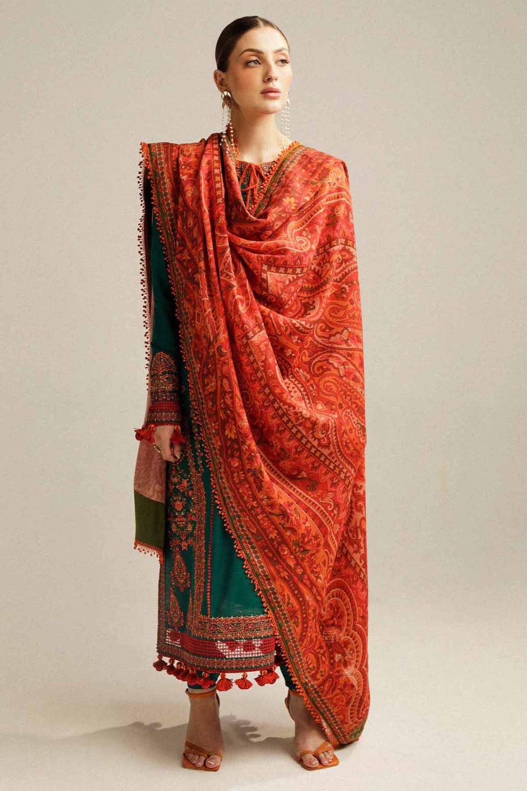 3PC EMBROIDERED DHANAK DRESS RO - 559
