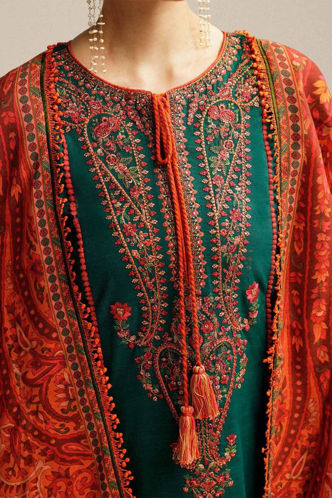 3PC EMBROIDERED DHANAK DRESS RO - 559