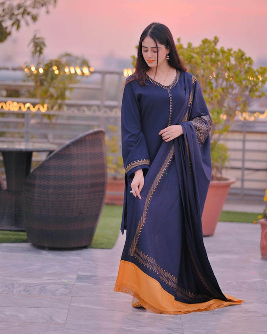 3PC EMBROIDERED DHANAK DRESS RO - 541