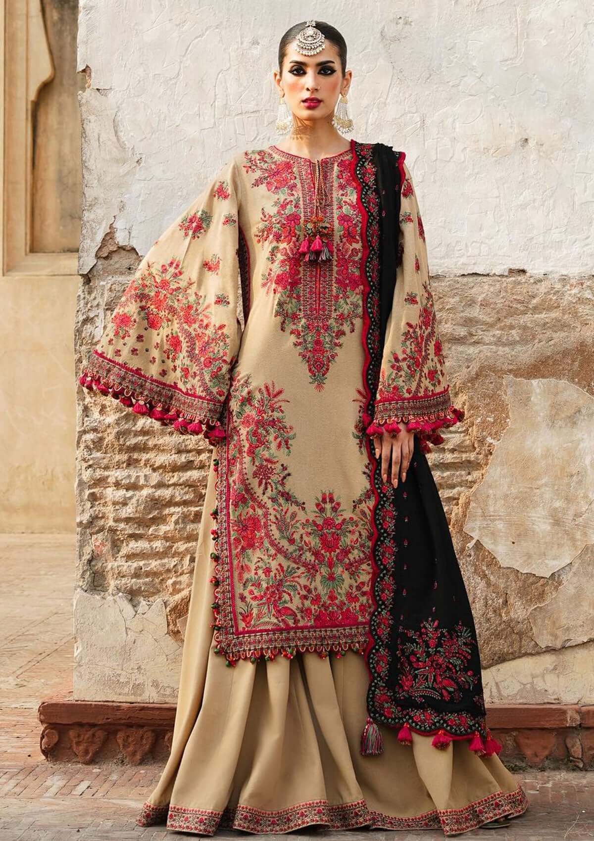 3PC EMBROIDERED DHANAK DRESS RO - 359