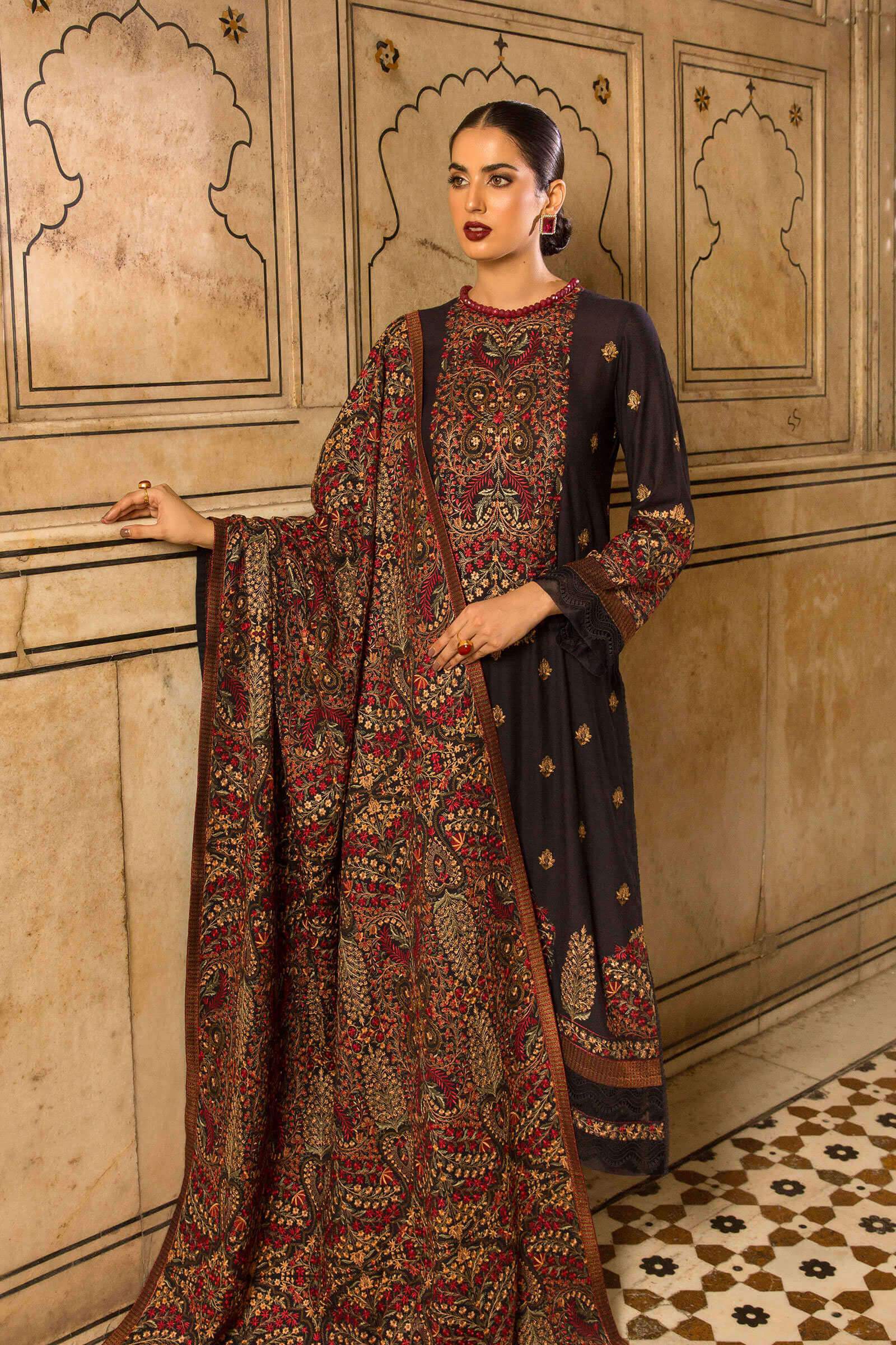 3PC EMBROIDERED DHANAK DRESS RO - 351