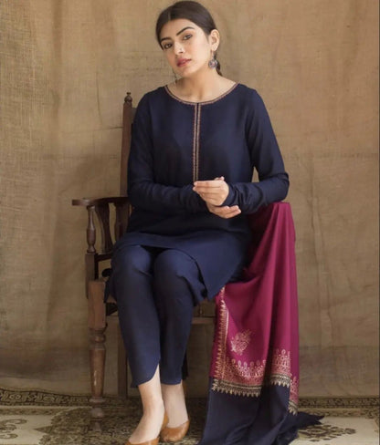 3PC EMBROIDERED DHANAK DRESS RO - 543