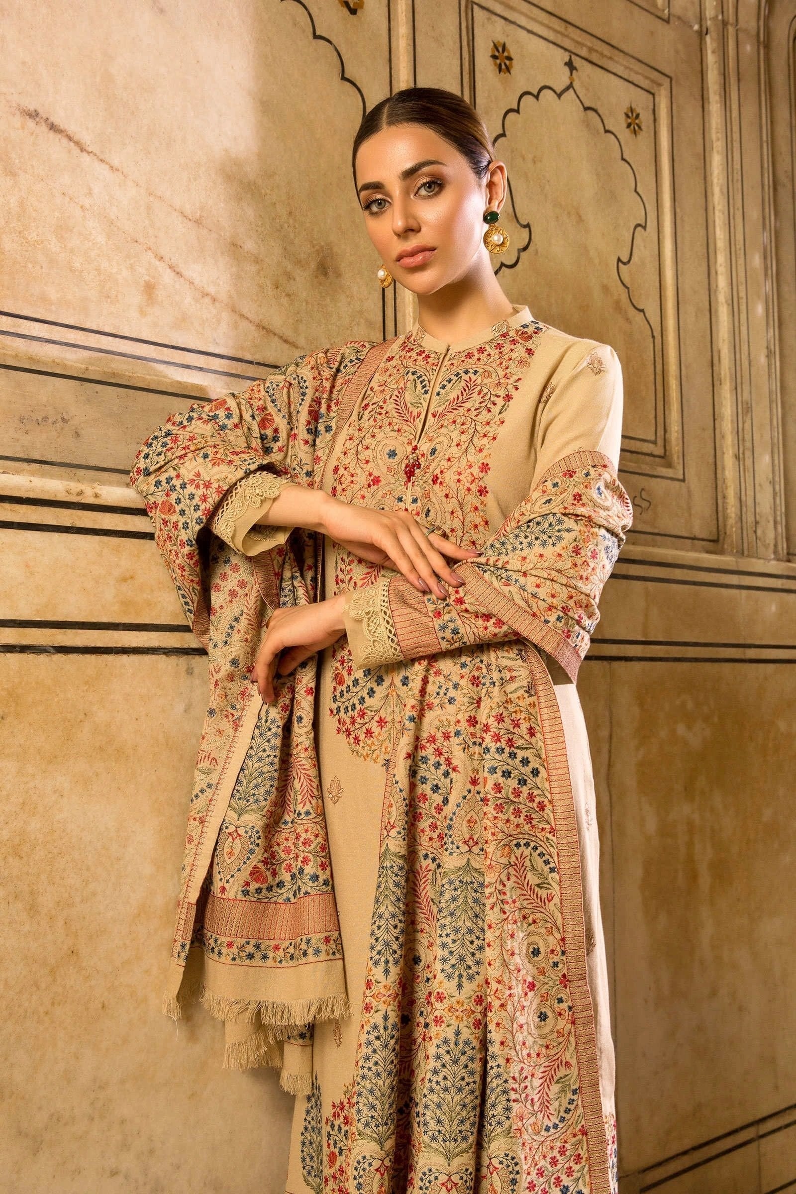 3PC EMBROIDERED DHANAK DRESS RO - 350