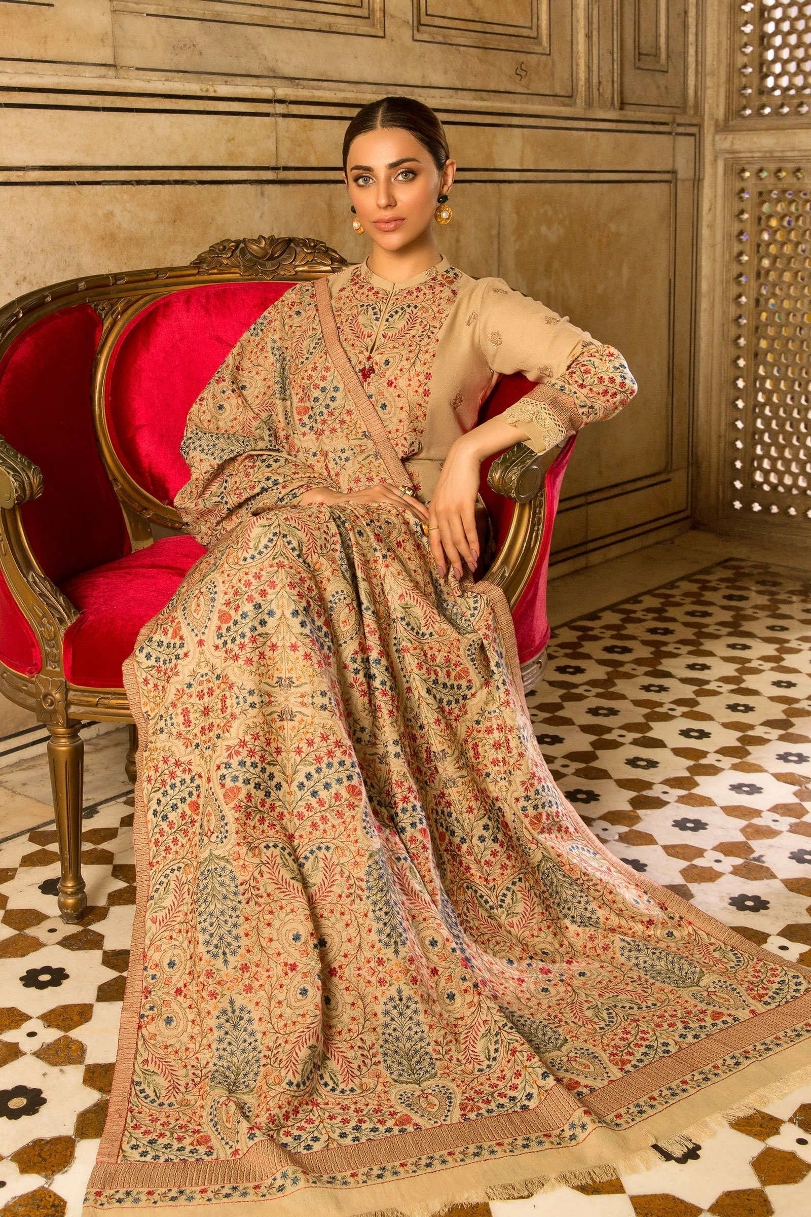 3PC EMBROIDERED DHANAK DRESS RO - 350