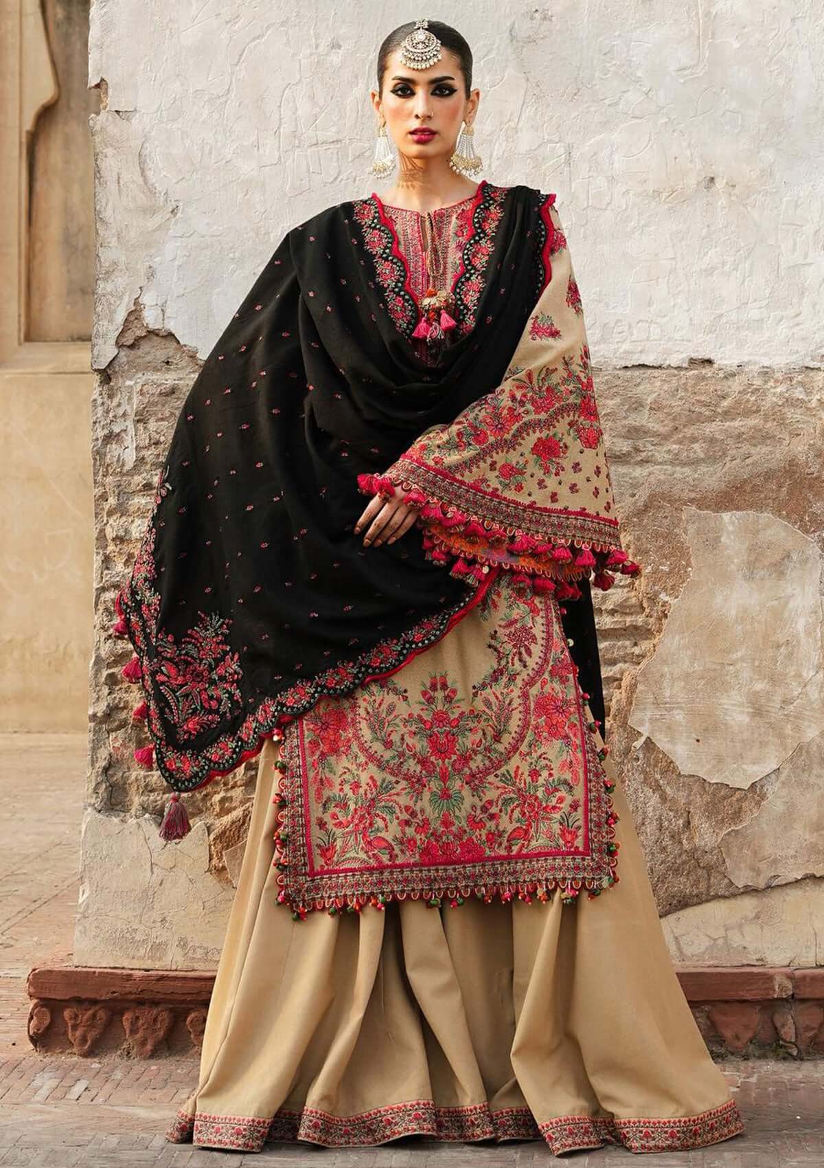 3PC EMBROIDERED DHANAK DRESS RO - 359