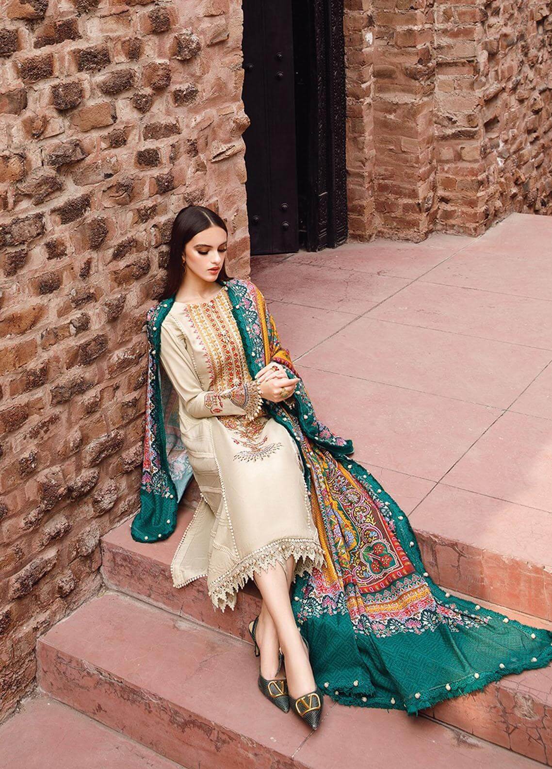 3PC EMBROIDERED DHANAK DRESS RO - 369