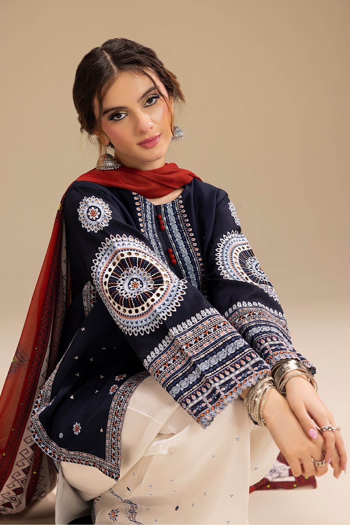 3PC EMBROIDERED DHANAK DRESS RO - 568