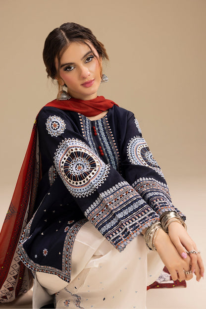 3PC EMBROIDERED DHANAK DRESS RO - 568