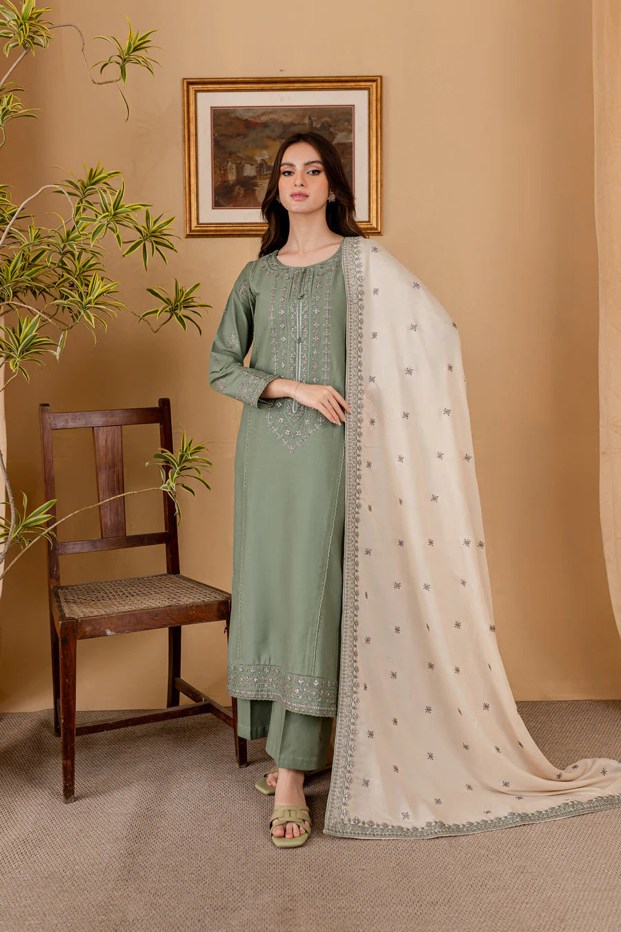 3PC EMBROIDERED DHANAK DRESS RO - 567