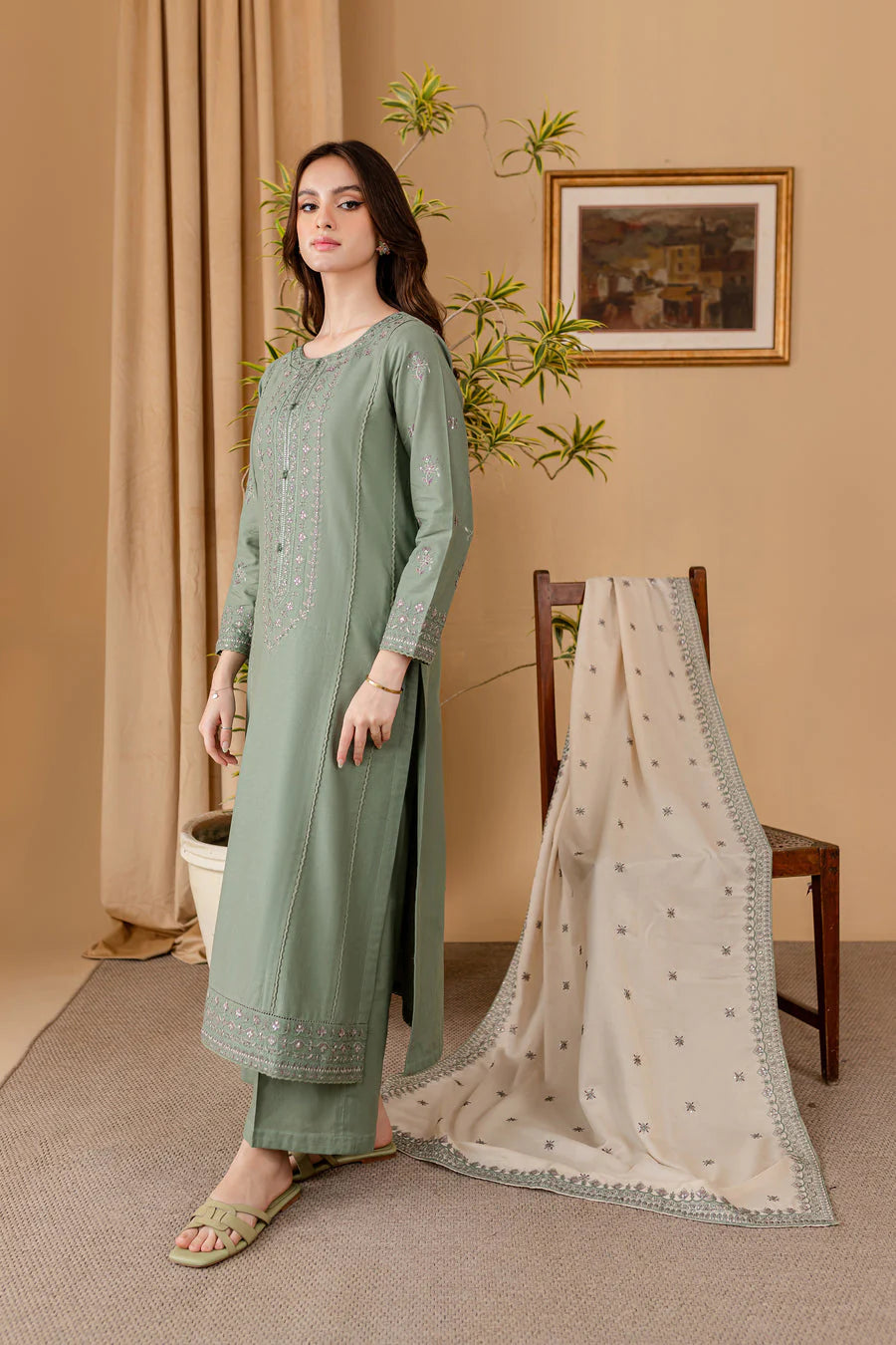 3PC EMBROIDERED DHANAK DRESS RO - 567