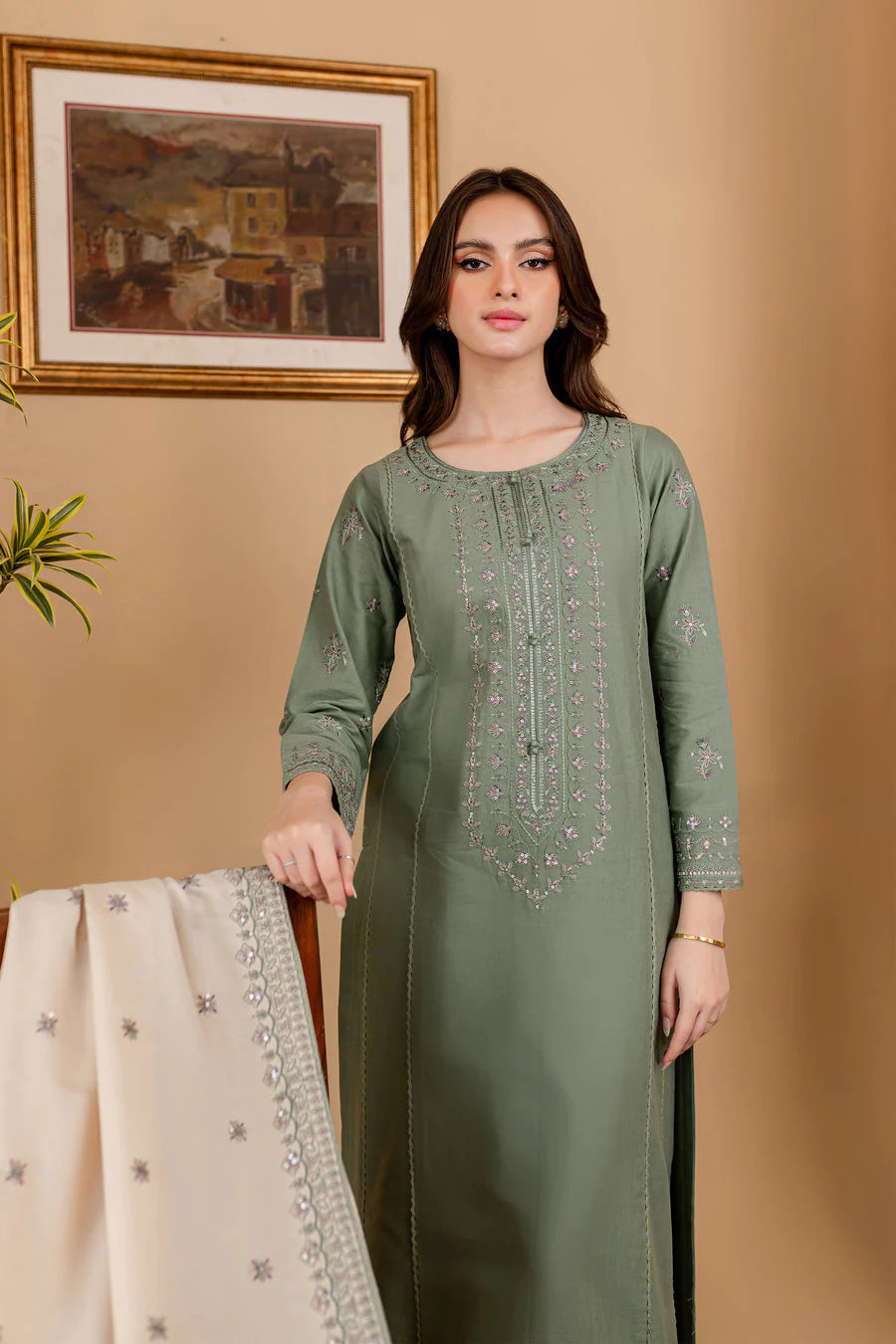 3PC EMBROIDERED DHANAK DRESS RO - 567