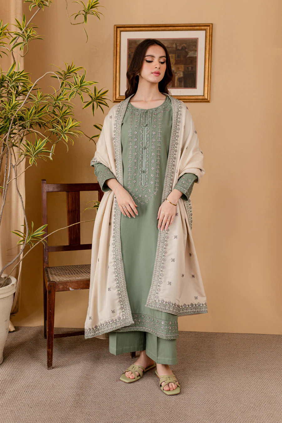 3PC EMBROIDERED DHANAK DRESS RO - 567