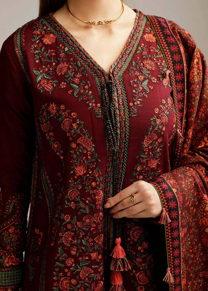 3PC EMBROIDERED DHANAK DRESS RO - 372