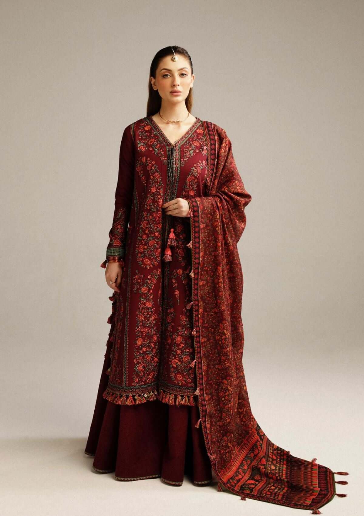 3PC EMBROIDERED DHANAK DRESS RO - 372