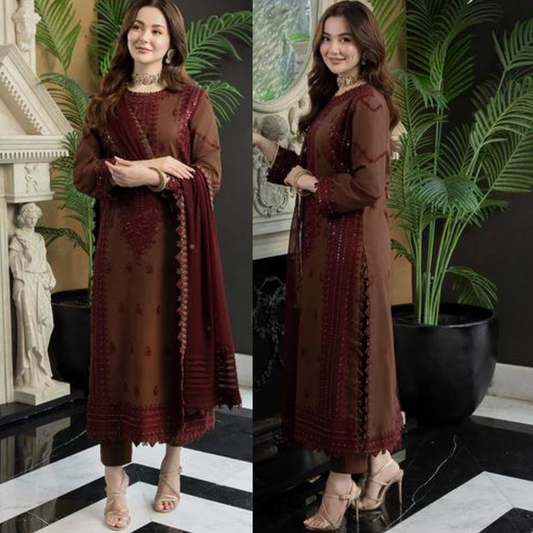 3PC EMBROIDERED DHANAK DRESS RO - 324