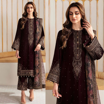 3PC EMBROIDERED MICRO 9000 VELVET DRESS - RO-540